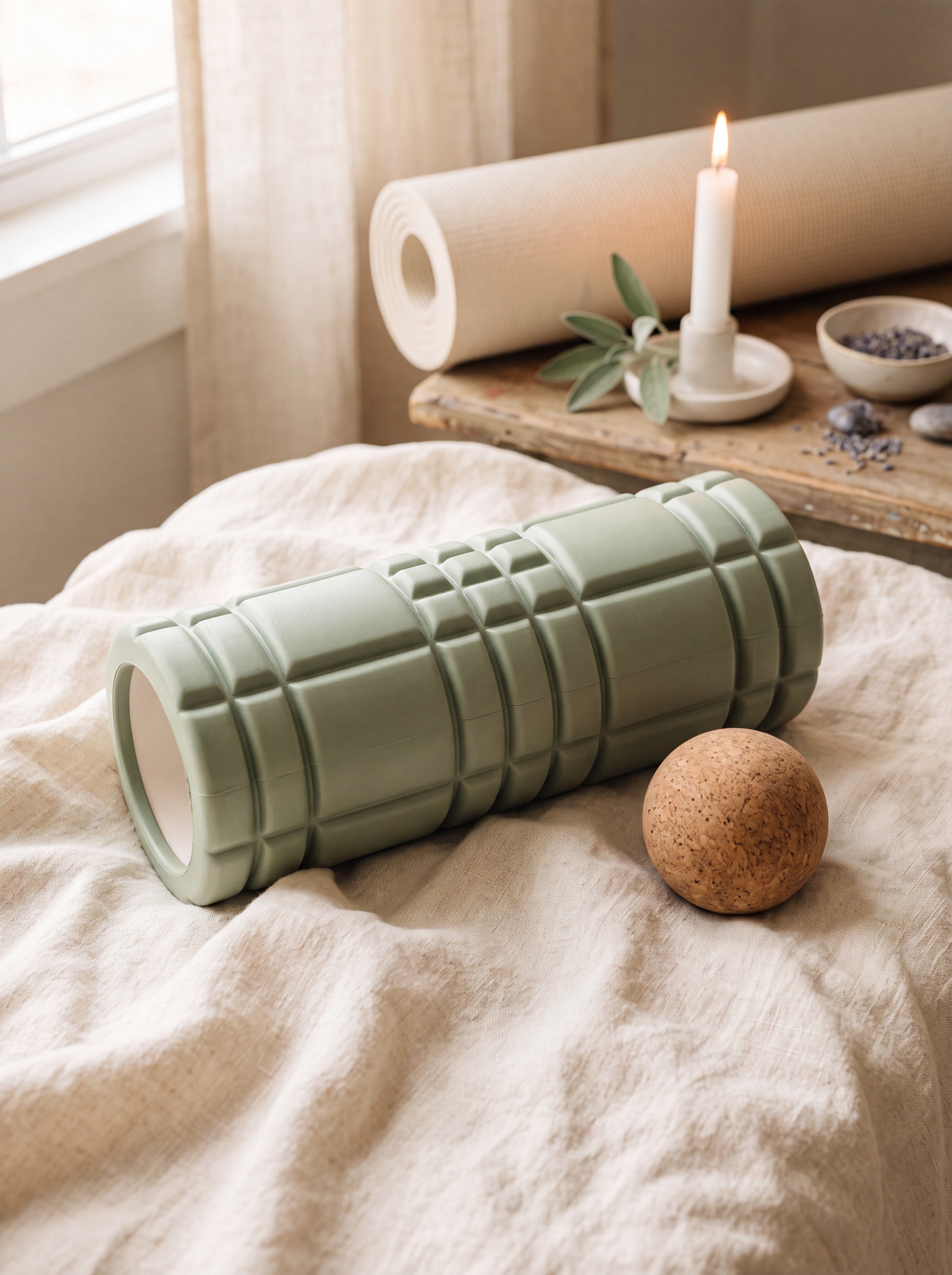 Foam roller, cork massage ball, and rolled yoga mat with a lit candle