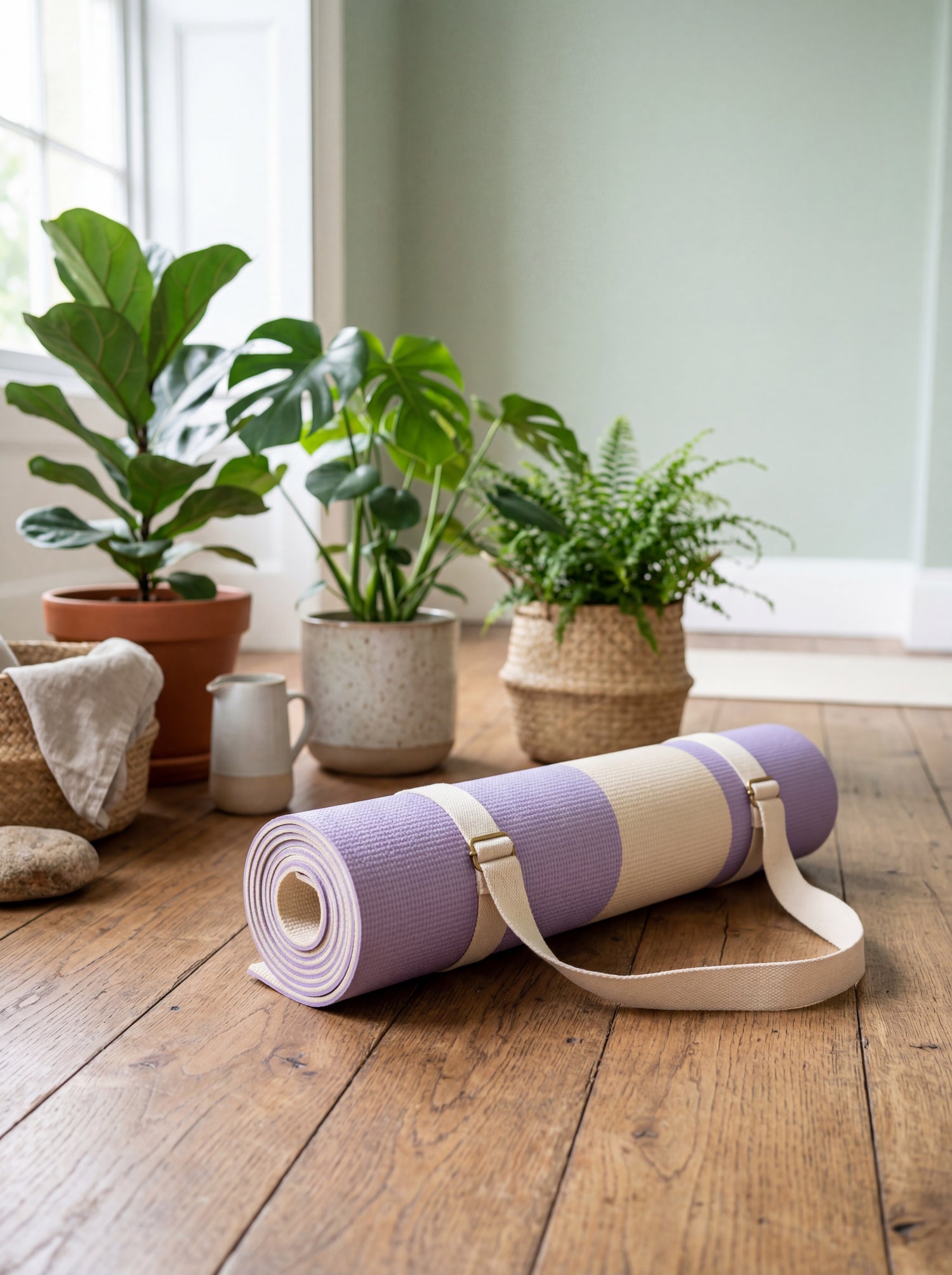 Lavender and cream striped yoga mat rolled with a canvas strap